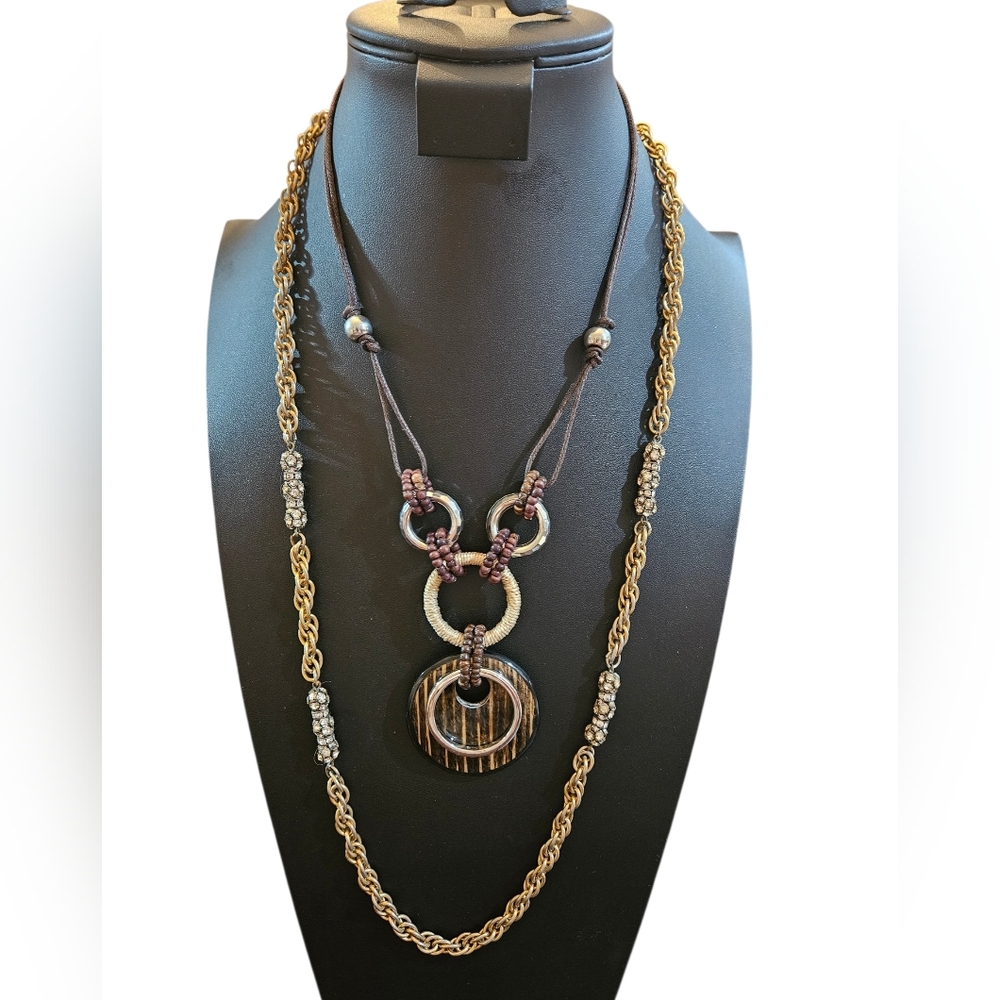 Boho Set Of 2 Necklaces Rhinestone And Chain And Brown And Bead Pendant Necklace